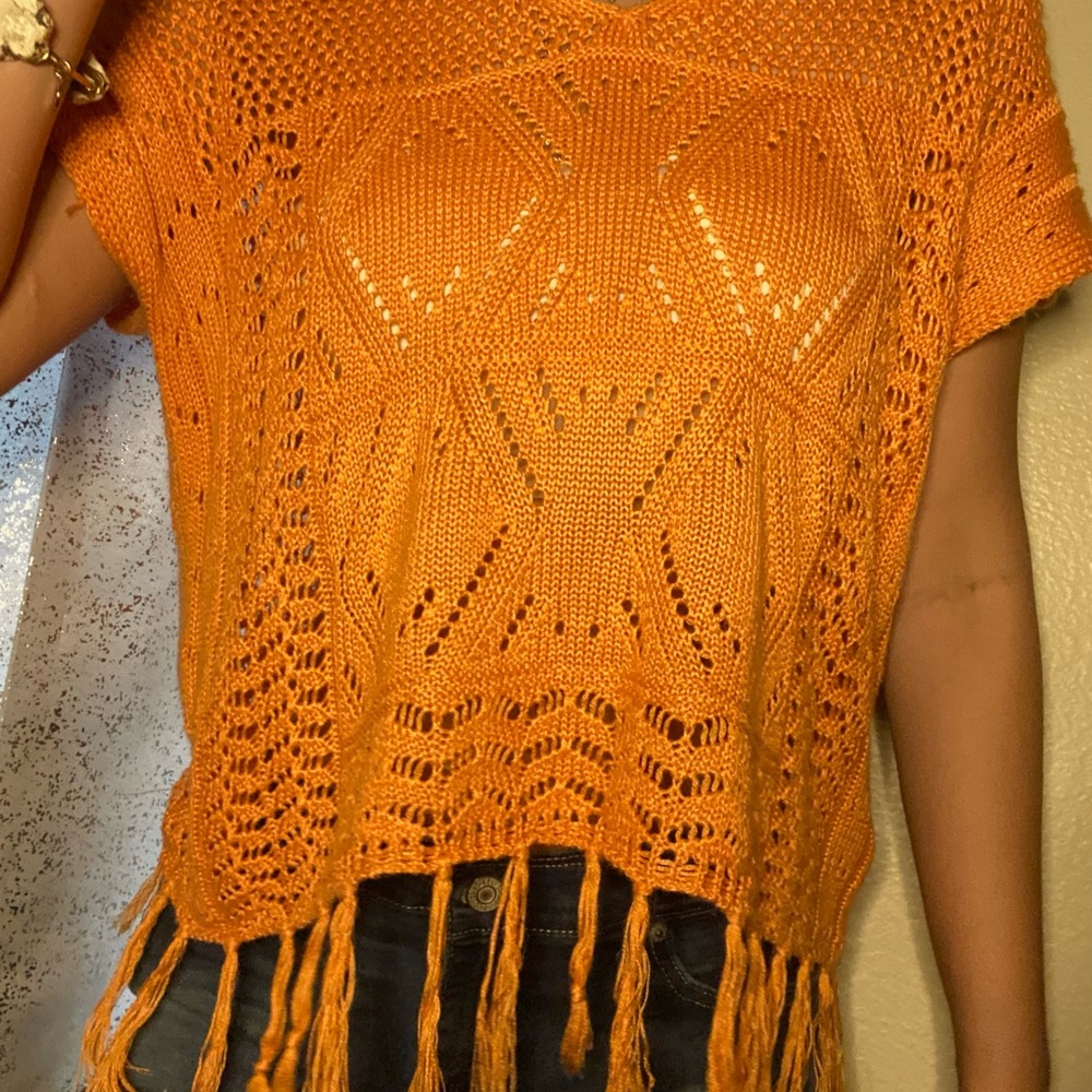 Orange fringe crotchet womens blouse